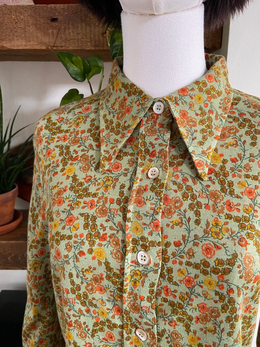 Vintage 1970s Green Floral Dagger Collar Shirt