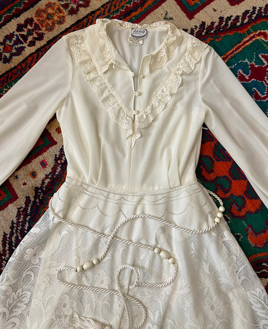 Vintage 1970s Cream Belted Prairie Dress