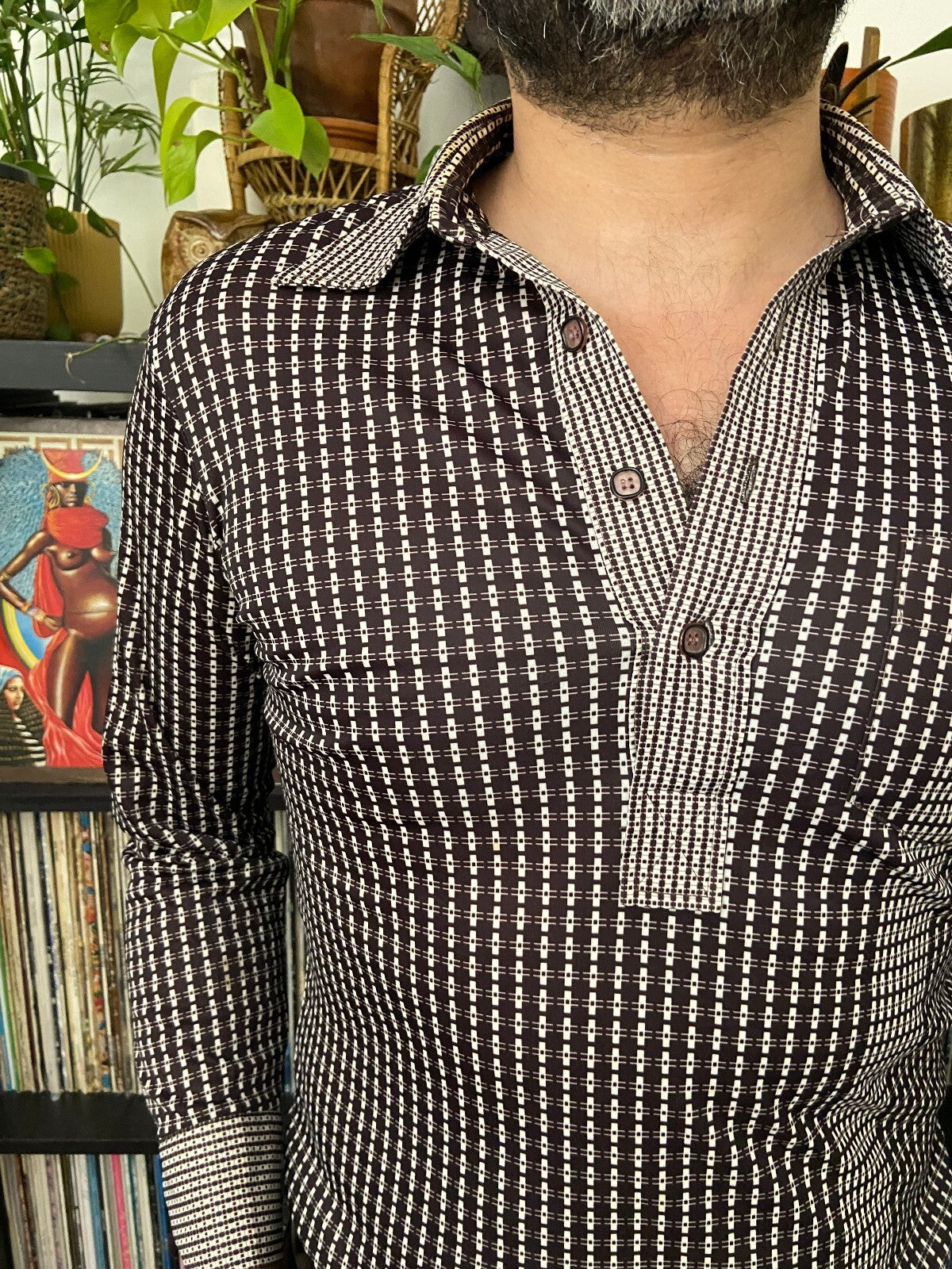 Vintage 1970s Brown Japanese Patterned Jersey Top