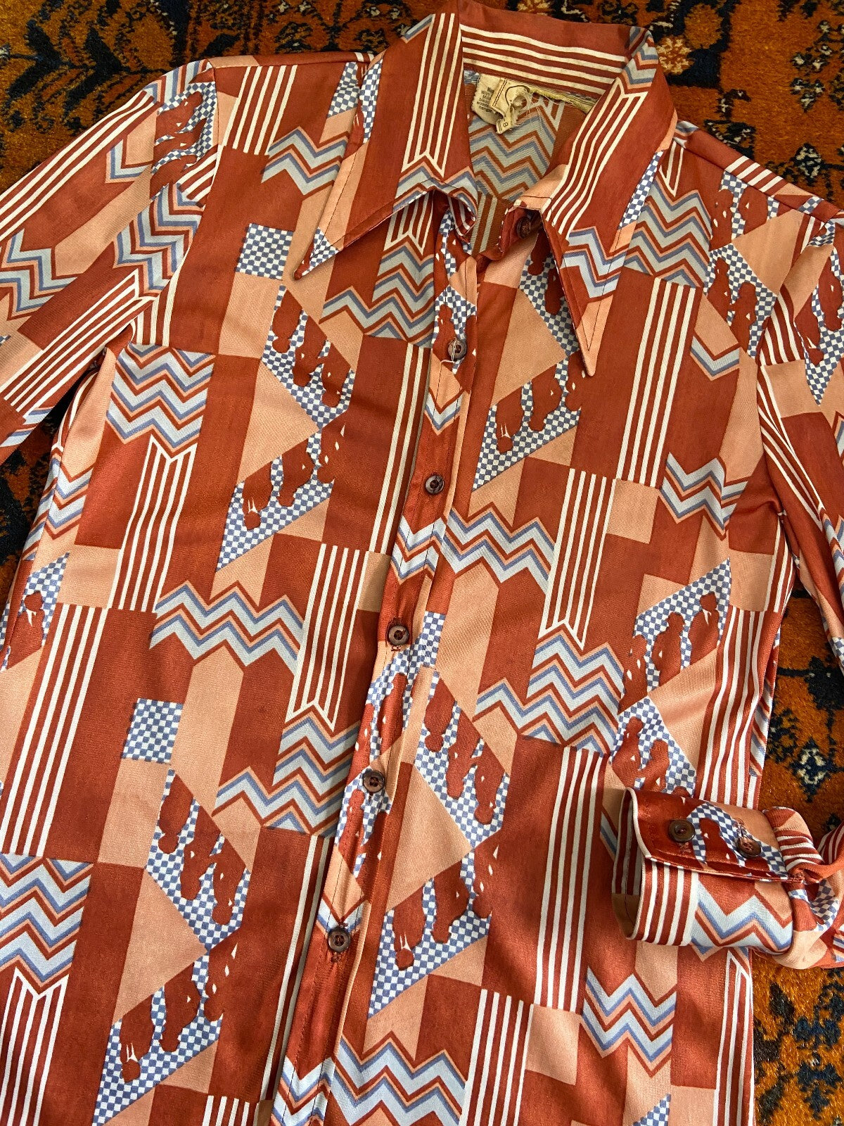 Vintage 1970s Brown Geometric Print Shirt