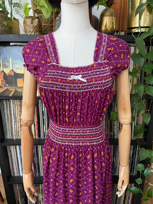 Vintage 1970s Purple Print Peasant Dress