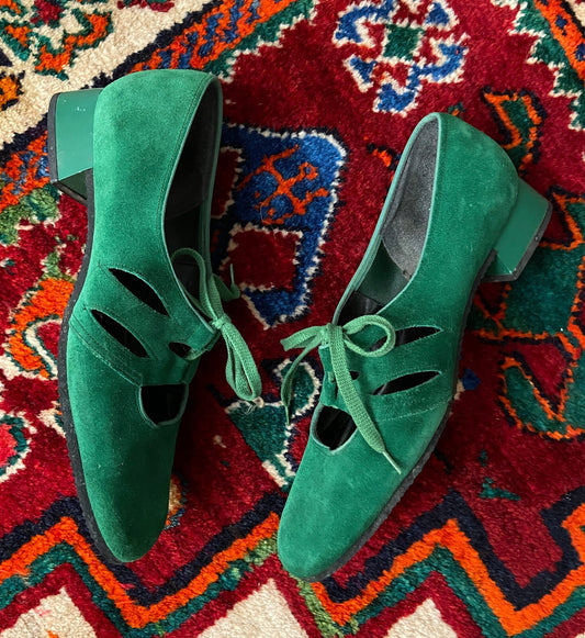 Vintage 1970s Green Suede Mary Janes UK 5