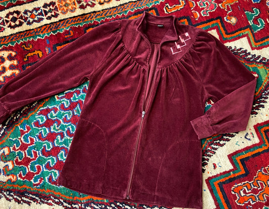 Vintage 1970s Burgundy Velour Zip Up Top