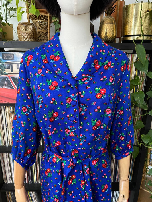 Vintage 1980s Blue Floral Folk Dress