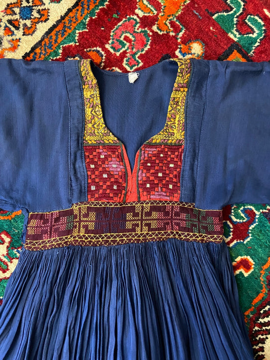 Vintage 1970s Blue Embroidered Afghan Dress