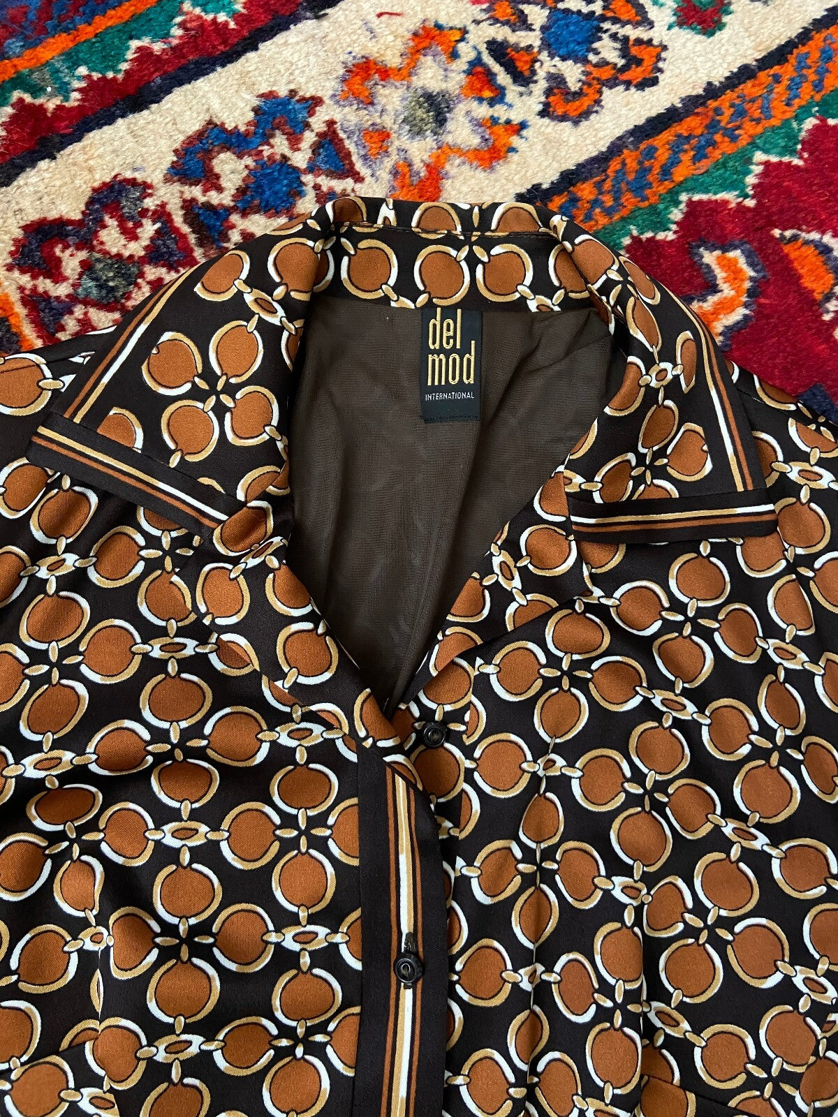 Vintage 1970s Brown Retro Print Shirt Dress