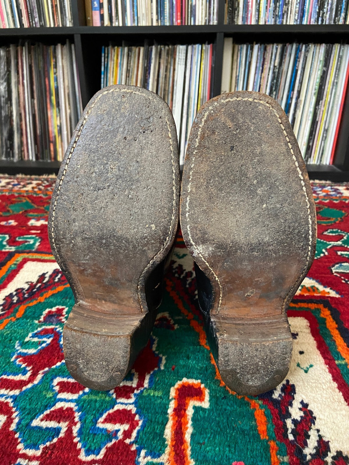 Vintage 1970s Black Colourful Inlay Cowboy Boots UK 7