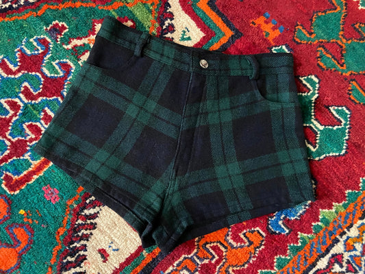 Vintage 1980s Navy & Green Tartan Hot Pants