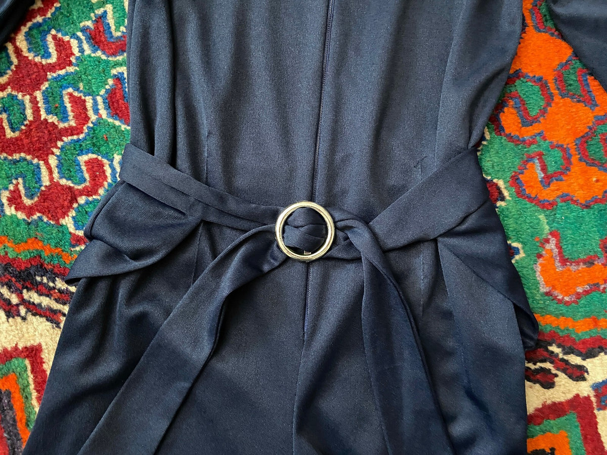 Vintage 1970s Navy Zip Up Belted Disco Jumpsuit
