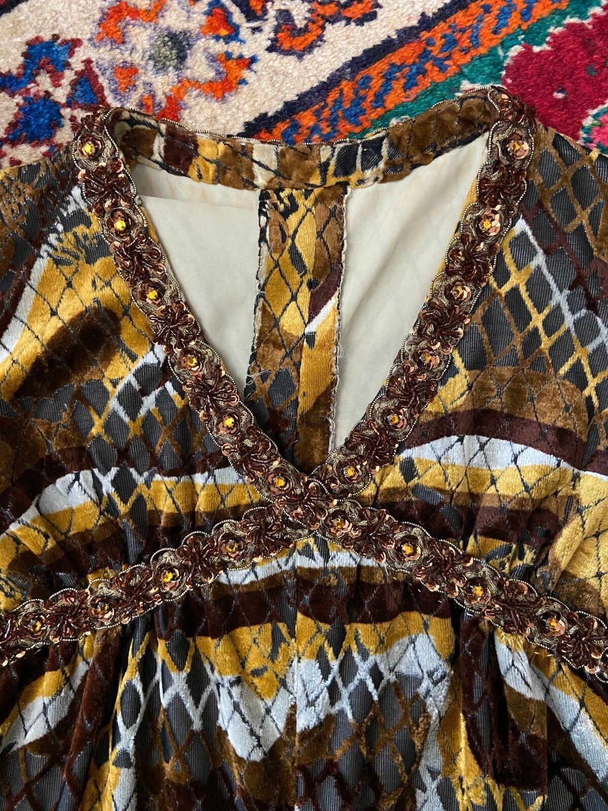 Vintage 1970s Brown & Mustard Velvet Sequin Trim Dress