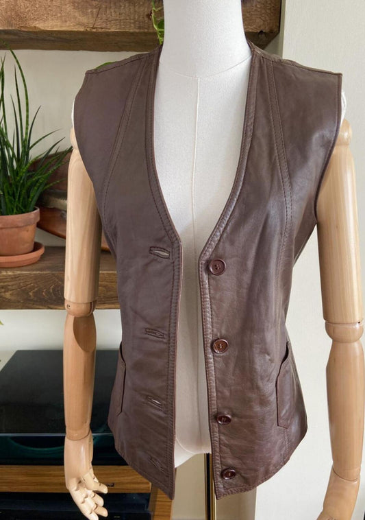 Vintage 1980s Brown Leather Waistcoat