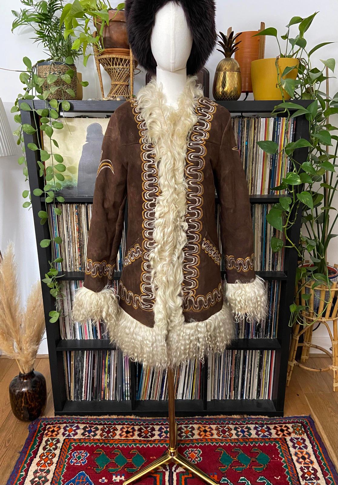 Vintage 1970s Brown Embroidered Afghan Coat