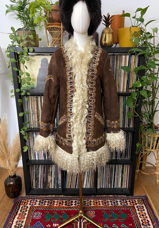 Vintage 1970s Brown Embroidered Afghan Coat