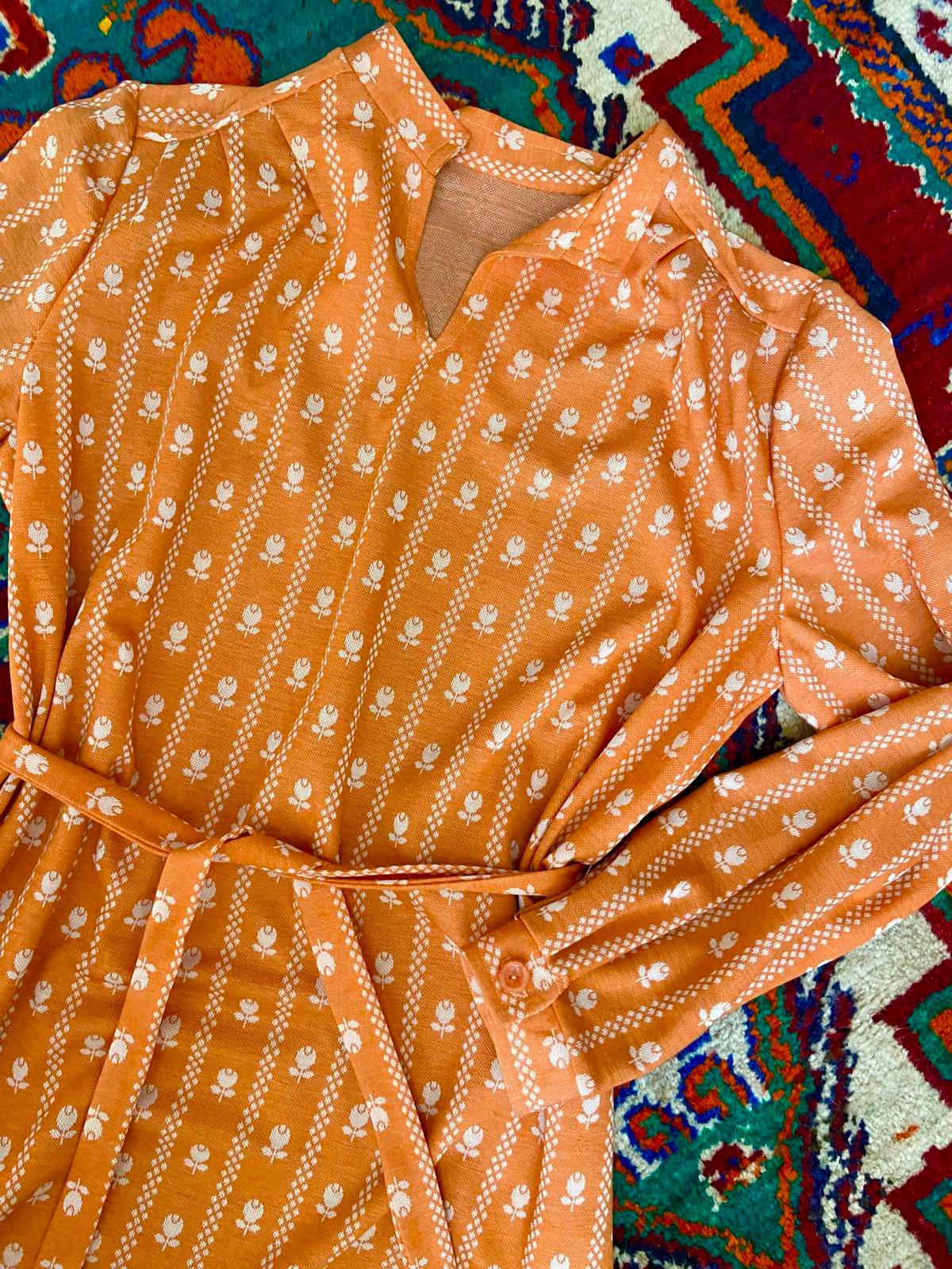 Vintage 1970s Orange Print Tunic Dress
