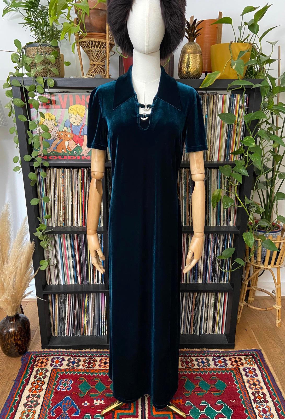 Vintage 90s C&A Teal Green Velvet Maxi Dress