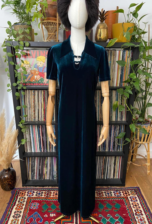 Vintage 90s C&A Teal Green Velvet Maxi Dress