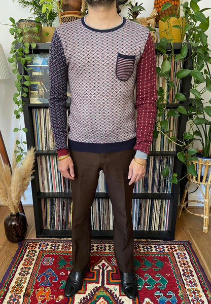 Vintage Italian Navy & Burgundy Patterned Jumper