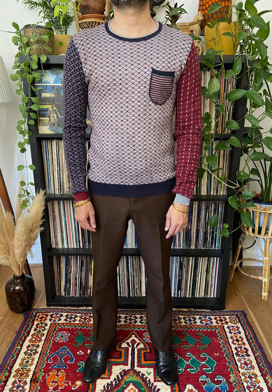 Vintage Italian Navy & Burgundy Patterned Jumper