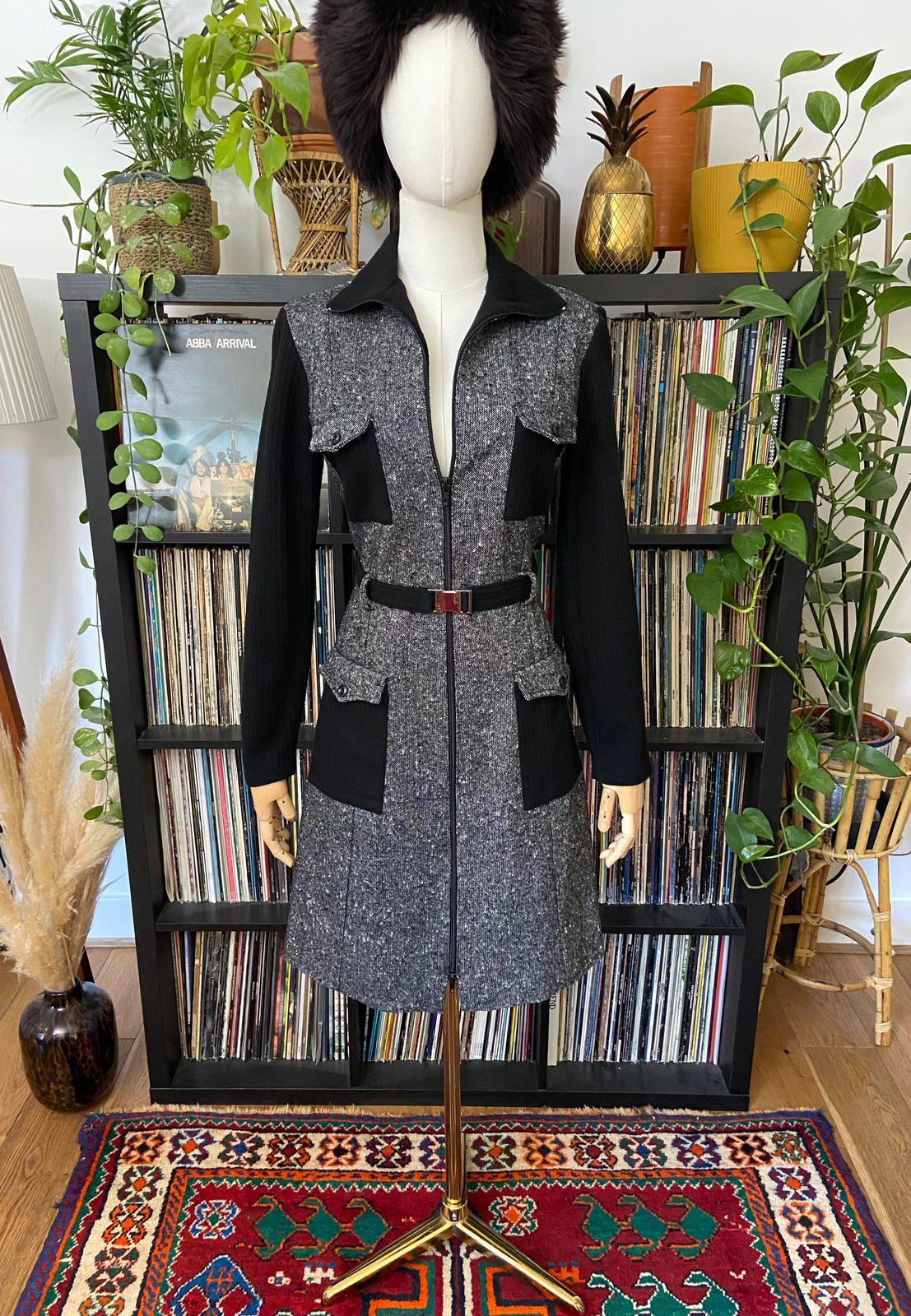 Vintage 1970s Black Tweed Flap Pocket Dress