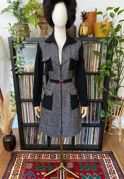 Vintage 1970s Black Tweed Flap Pocket Dress