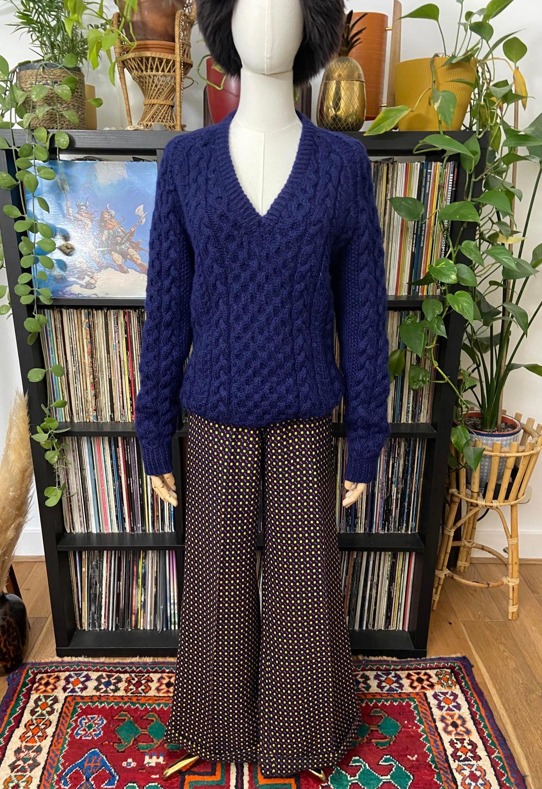 Vintage Navy Aran V-Neck Jumper