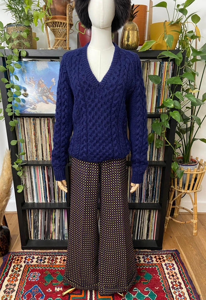 Vintage Navy Aran V-Neck Jumper