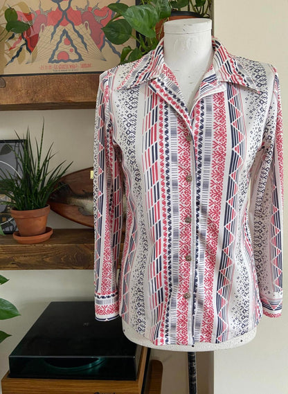 Vintage 1970s Pink Grey Patterned Jersey Shirt