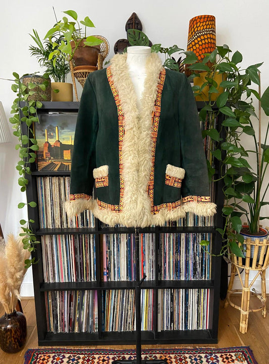 Vintage 1970s Green Embroidered Penny Lane Afghan Jacket