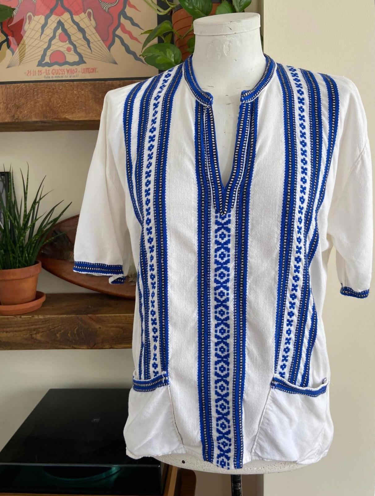 Vintage Blue White Embroidered Greek Blouse