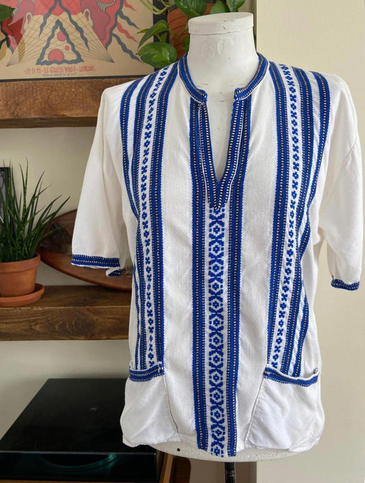 Vintage Blue White Embroidered Greek Blouse