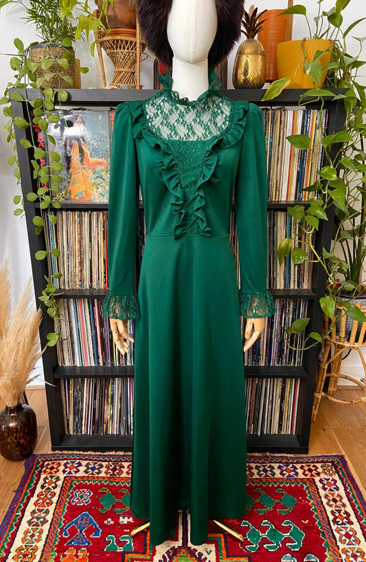 Vintage 1970s Emerald Green Prairie Dress