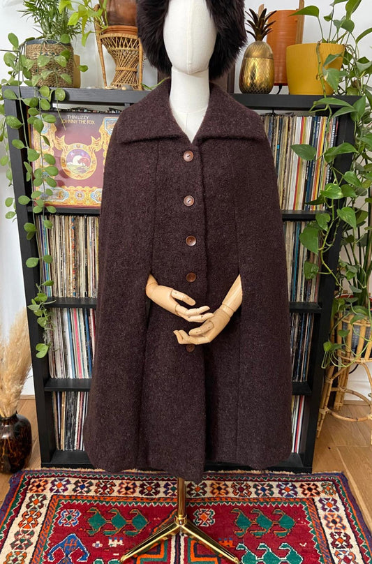 Vintage 1960s Brown Tweed Button Up Cape