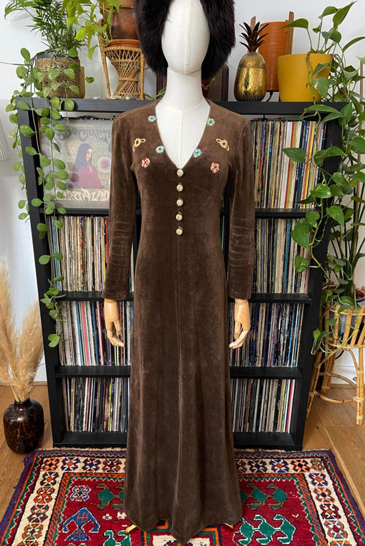 Vintage 1970s Brown Velour Embroidered Dress