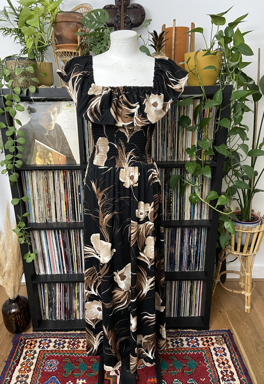 Vintage 1980s Brown Black Smocked Maxi Dress