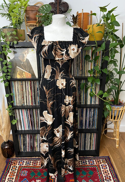 Vintage 1980s Brown Black Smocked Maxi Dress