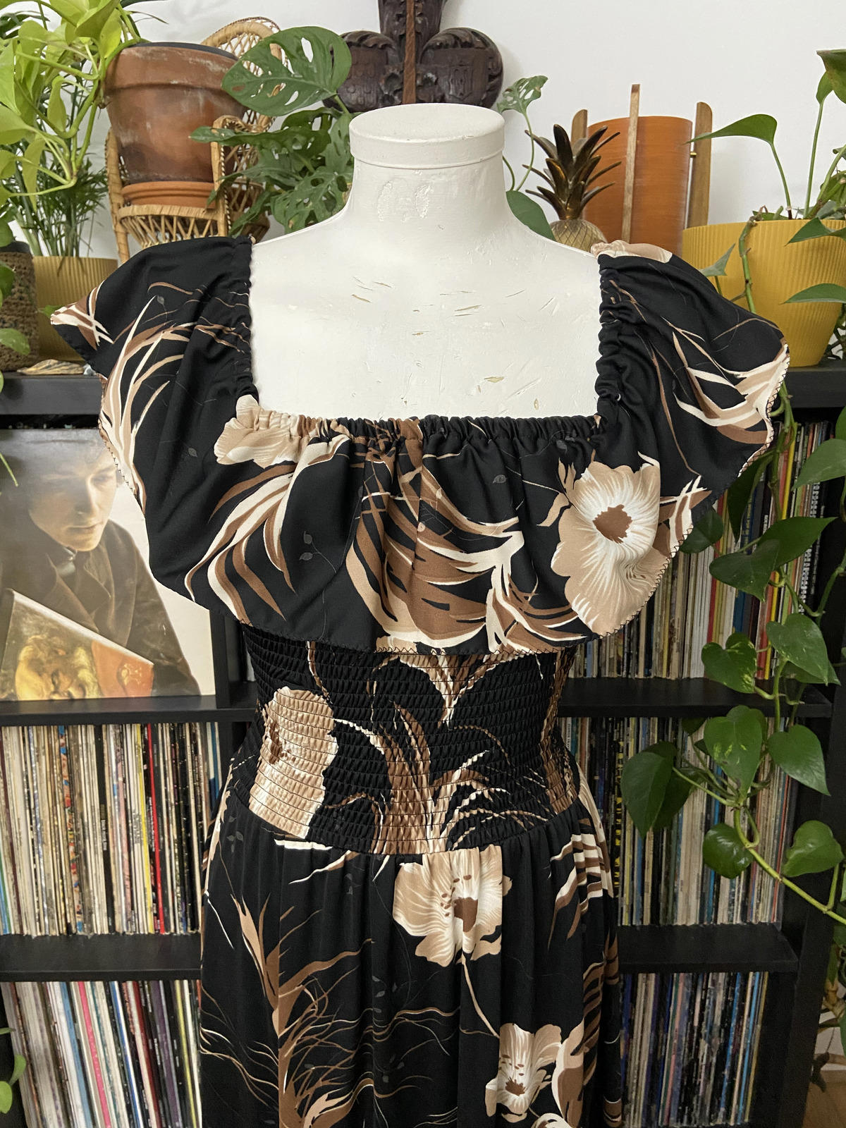 Vintage 1980s Brown Black Smocked Maxi Dress