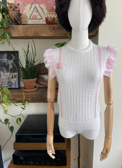 Vintage 1980s White Pink Lace Trim Knit Top