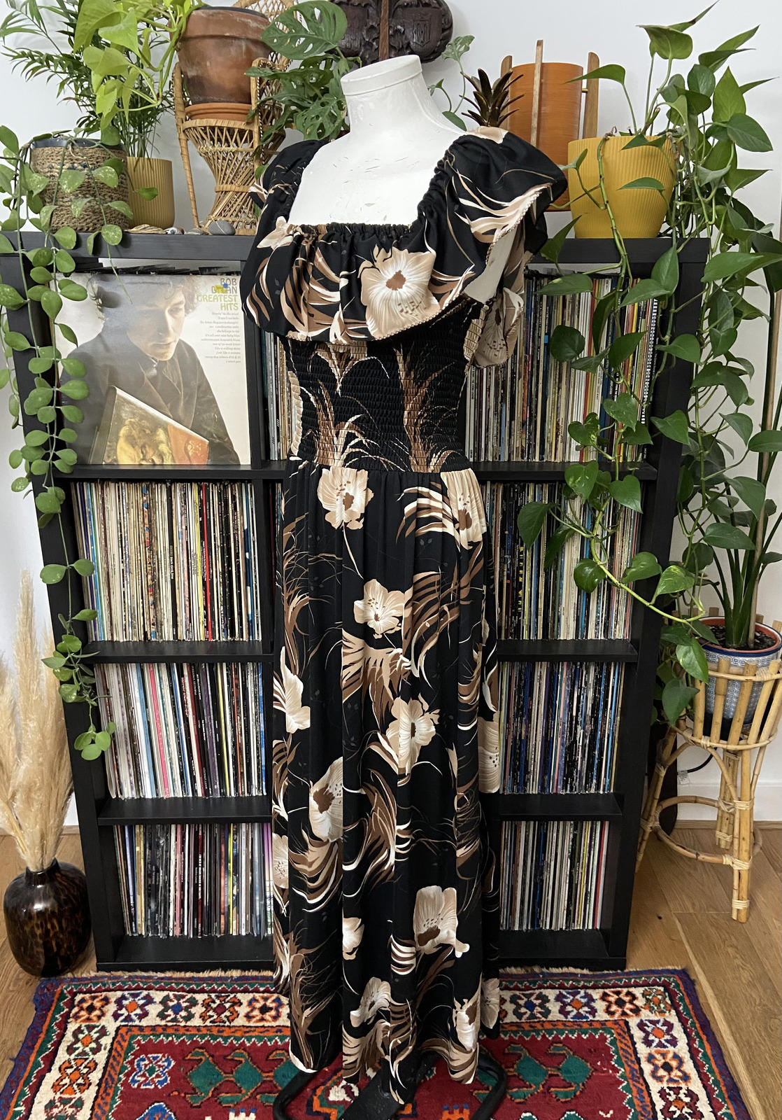 Vintage 1980s Brown Black Smocked Maxi Dress