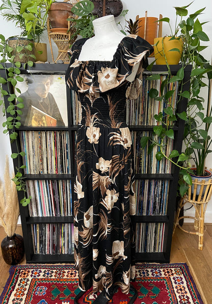Vintage 1980s Brown Black Smocked Maxi Dress