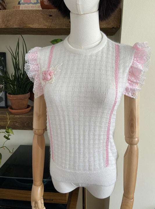 Vintage 1980s White Pink Lace Trim Knit Top