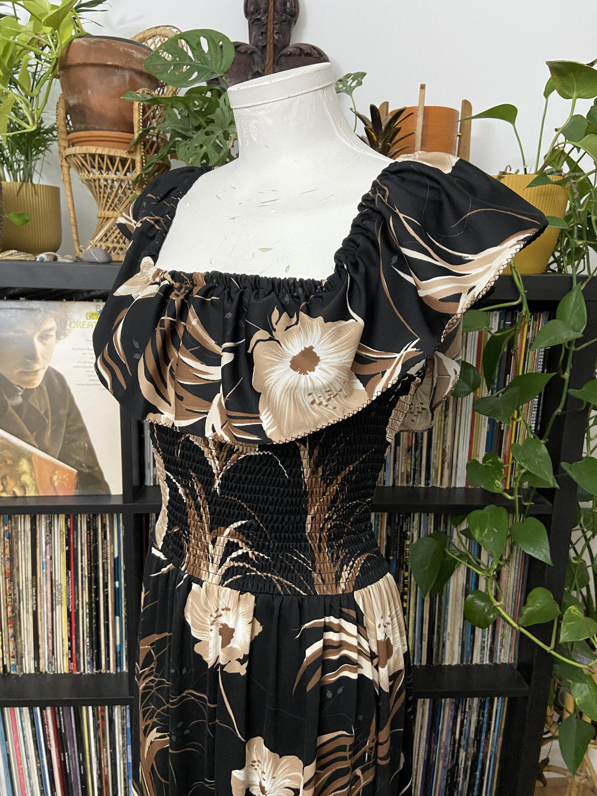 Vintage 1980s Brown Black Smocked Maxi Dress