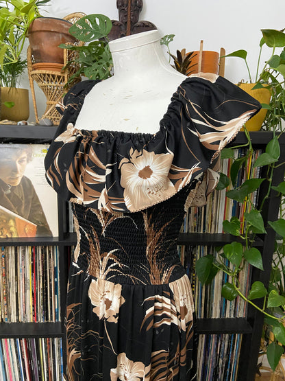 Vintage 1980s Brown Black Smocked Maxi Dress