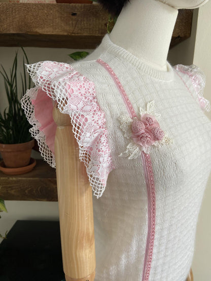 Vintage 1980s White Pink Lace Trim Knit Top