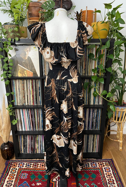 Vintage 1980s Brown Black Smocked Maxi Dress