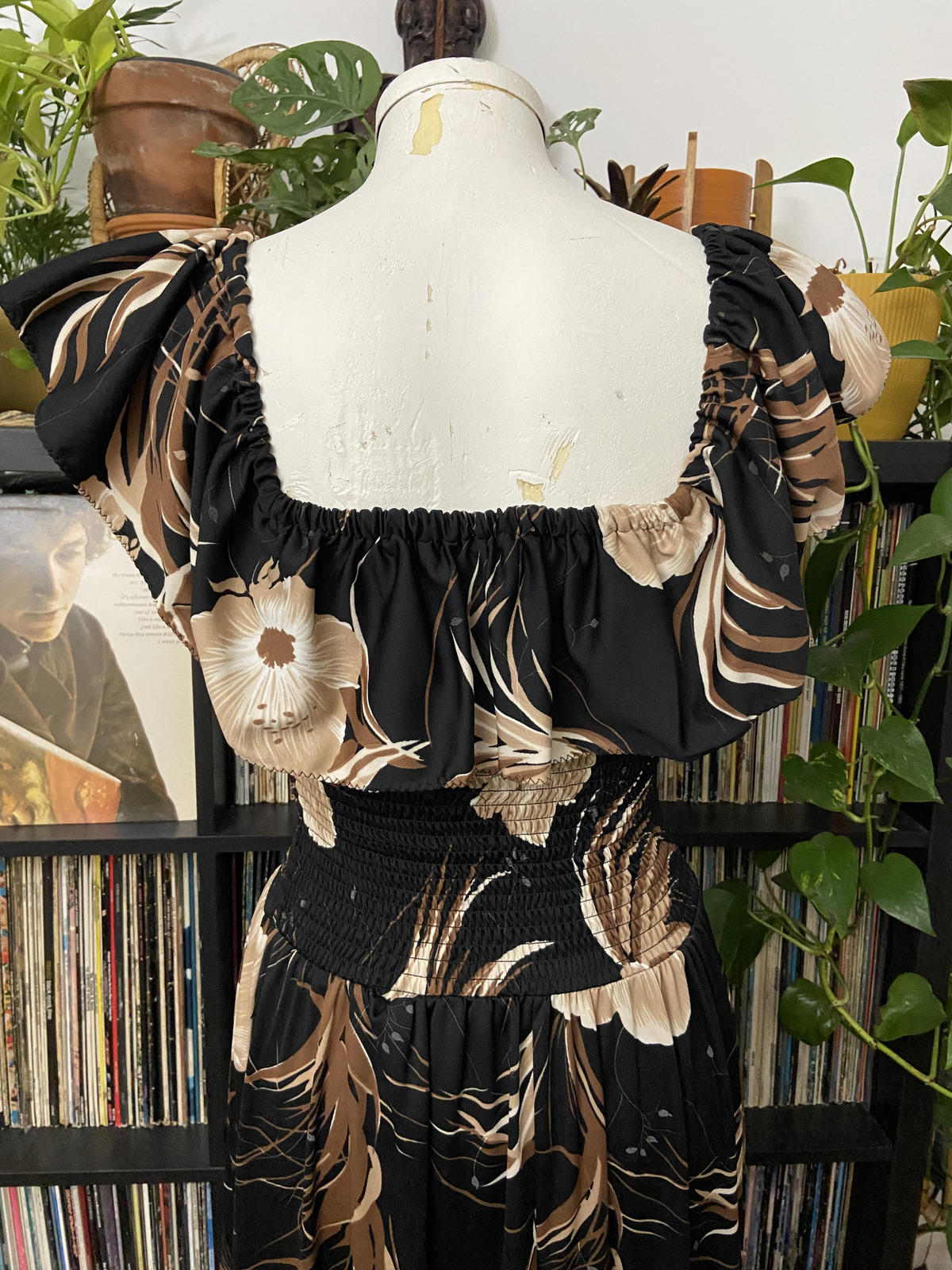 Vintage 1980s Brown Black Smocked Maxi Dress
