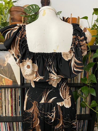 Vintage 1980s Brown Black Smocked Maxi Dress