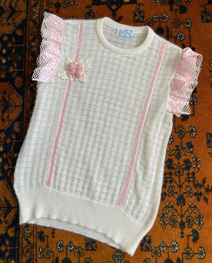 Vintage 1980s White Pink Lace Trim Knit Top
