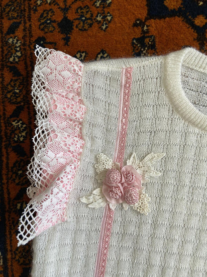 Vintage 1980s White Pink Lace Trim Knit Top