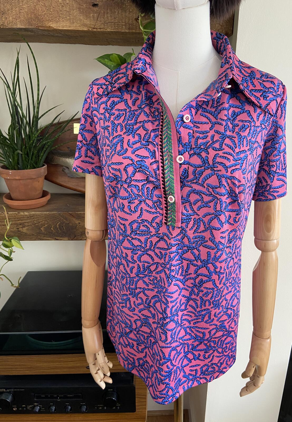 Vintage 1970s Pink Blue Print Top