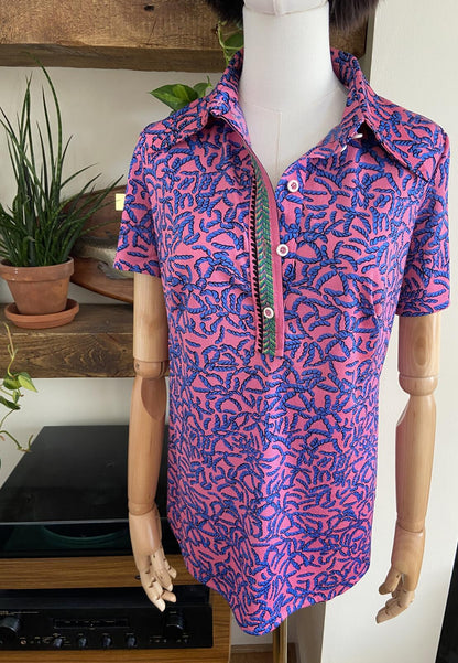 Vintage 1970s Pink Blue Print Top
